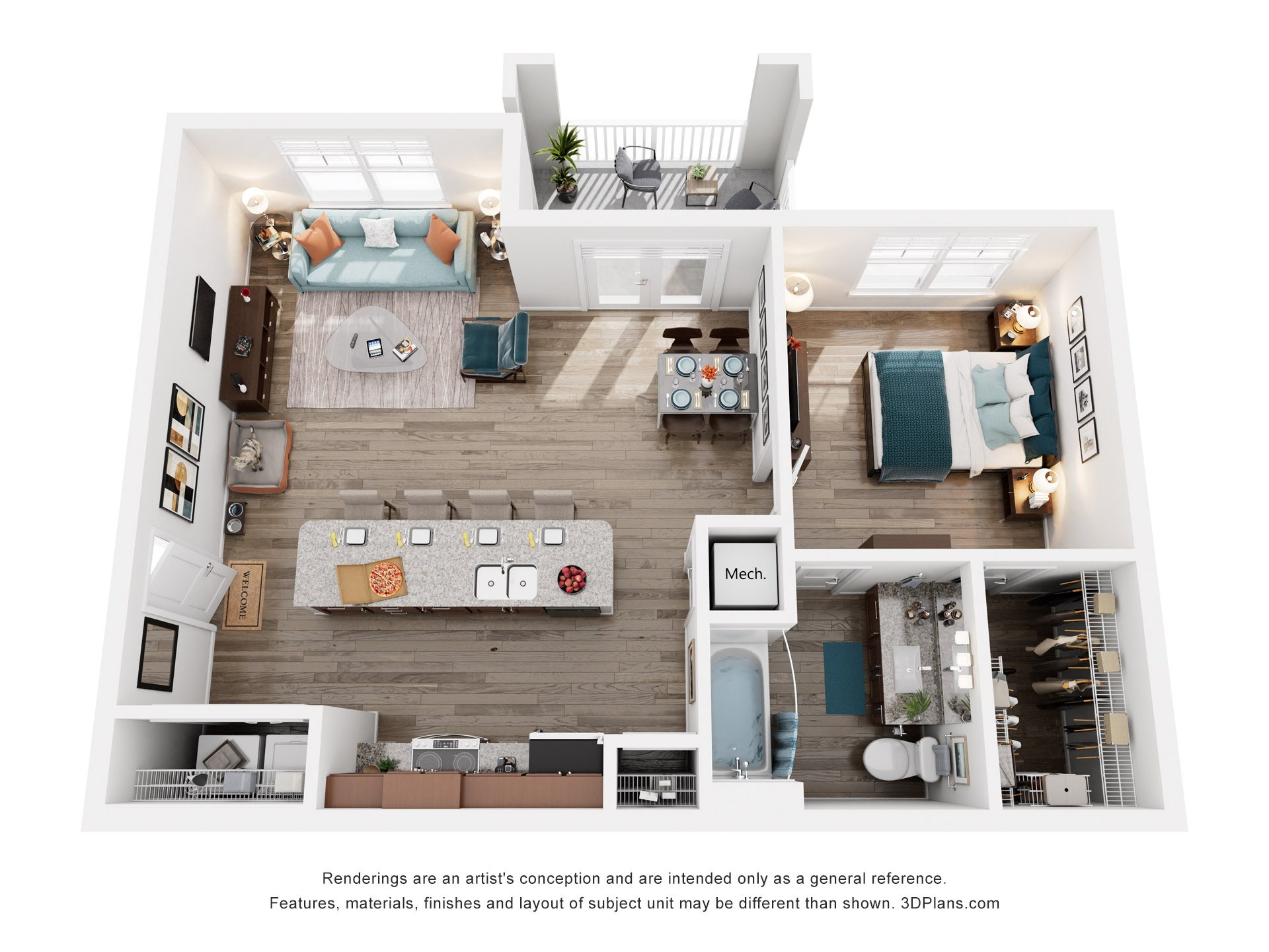 Floor plan for 1 bed, 1 bath, 856 sqft